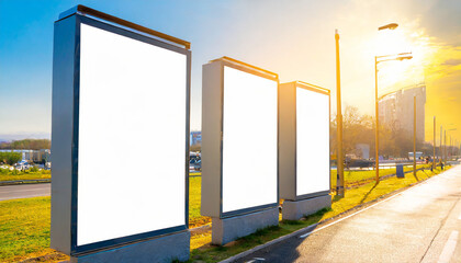 mock up vertical advertising billboards attached outdoors near the road