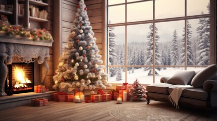 New Year's, Christmas room interior with large windows, Christmas tree, candles and fireplace