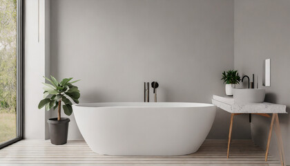 Modern bathroom Scandinavian interior with white tub, table and plants. Empty neutral grey wall for mockup. Promotion background.