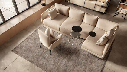 Fototapeta na wymiar Modern living room interior in beige tones with sofa, armchair, and coffee table, 3d render