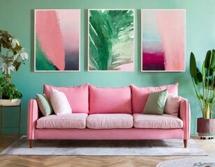 Modern interior with pink and green wall art set of 3 prints in textured abstract style. Cozy furniture. Pastel pink sofa and plants.