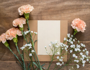 mother's day blank card with copy space, carnations and gypsophila on wooden background; top view; flat lay