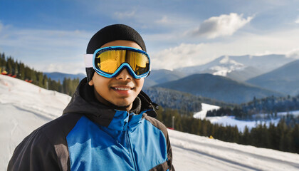 Fototapeta na wymiar Portrait of a skier in the ski resort on the background of mountains and blue sky, Bukovel. Ski goggles of a man wearing ski glasses. Winter Sports