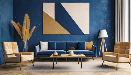 Retro mid century interior with navy blue and beige wall art in textured abstract style. Cozy furniture