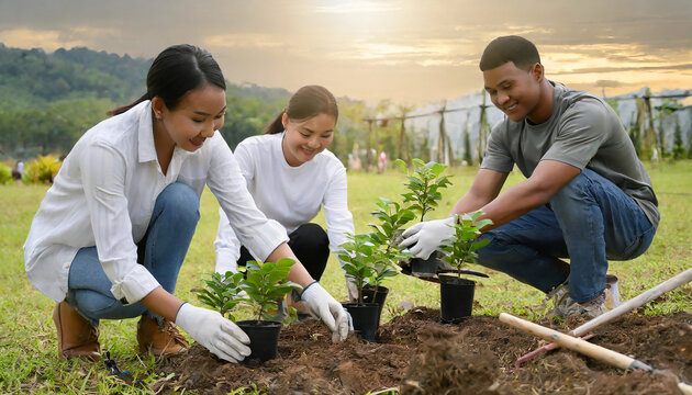 Reforestation Project, A Group Of People Planting Seedlings On The Soil In The Morning.