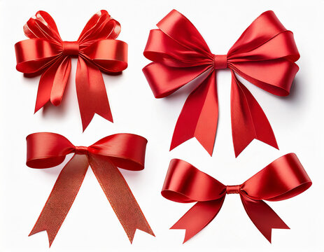 Red satin bow ribbon scroll set isolated on white background with clipping path for Christmas holiday and wedding anniversary card confetti design decoration