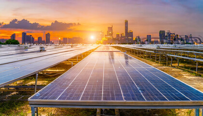 Solar cell farm power plant eco technology smart city sunset twilight night