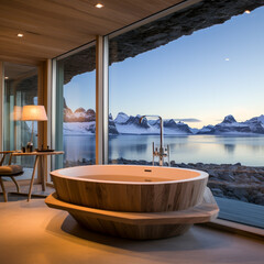 Modern bathroom in a villa with a view of the glaciers in Greenland