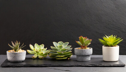 Succulent Plants on a Slate Table with a Black Background with Empty Space for Text or Copy for Social Media