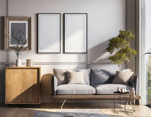 two poster frames mock up in living room interior mock up, gray sofa and wooden cupboard with...