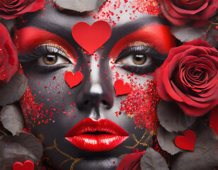 valentine abstract background with red lips painted on the face