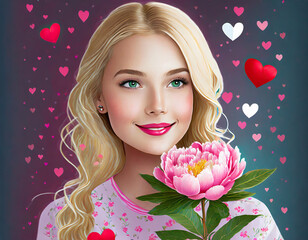 Obraz na płótnie Canvas valentine card with a beautiful girl and a peony flower