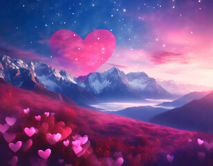 valentine abstract background with beautiful sky, nice landscape with mountains