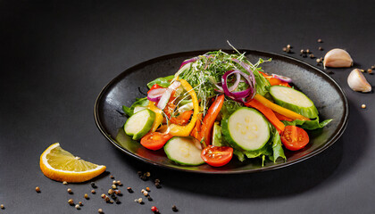 Vegetable salad on black background, top view