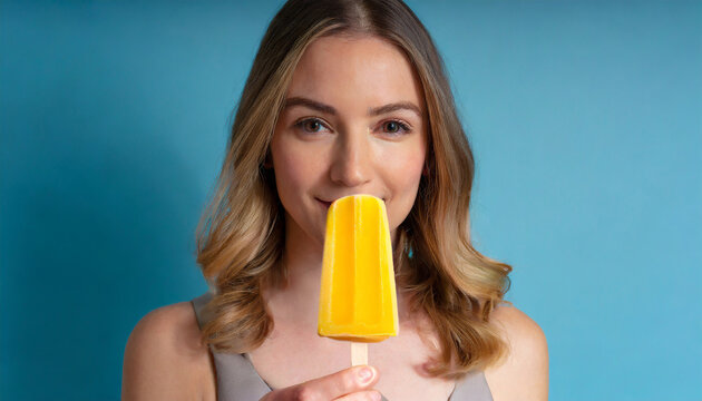 Woman hand holding yellow fruit popsicle on blue background