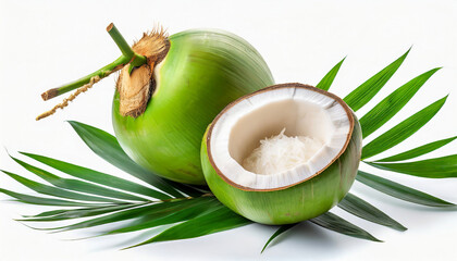 Young green coconut with coconut juice in half fruit and palm leaf isolated on white background. - obrazy, fototapety, plakaty