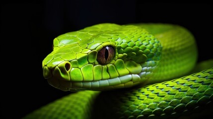 Obraz premium Green snake on a black background.