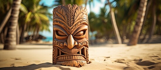 Wooden Hawaiian tiki mask on beach beneath palm tree. - obrazy, fototapety, plakaty