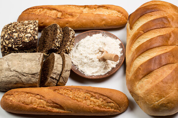 Fresh loaves of bread, various breads for toasts and sandwiches, delicious crispy breads, gluten-free breads, fresh flour and wheat breads