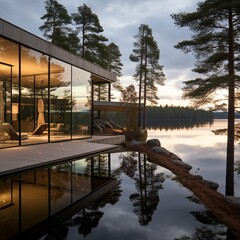 Fototapeta na wymiar Minimalist villa in Finland overlooking lakes and forests