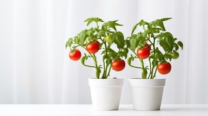Pots with green seedlings of the tomatoes on a light background