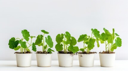 Pots with green seedlings on a light background