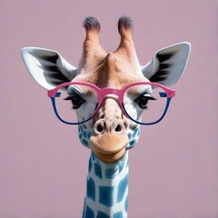 Pink giraffe wearing glasses. Pink background. Generative AI