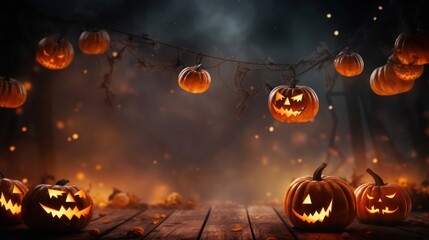 Pumpkins and bats on a dark background. Halloween holiday concept.