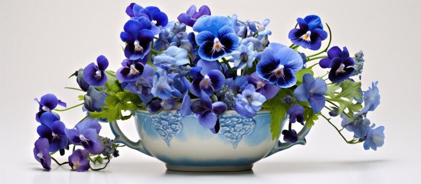 Arrangement of blue viola flowers and cranebill in decorative cup.