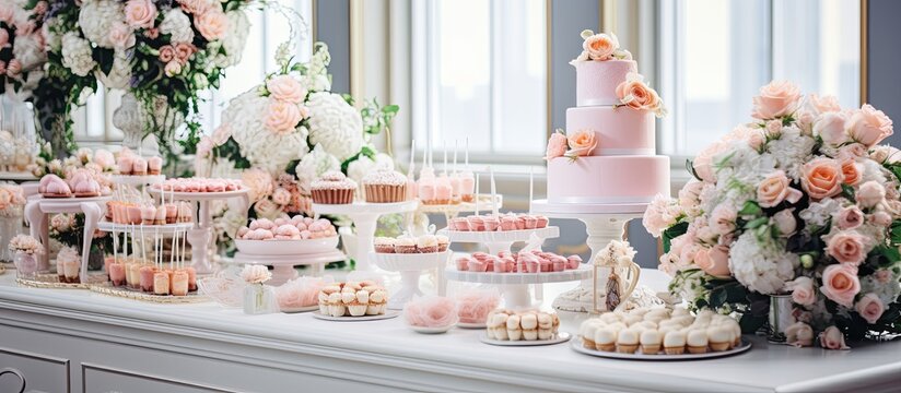 Wedding dessert table with a variety of floral-decorated sweets, cakes, and pastries. Catering services for banquets and weddings.