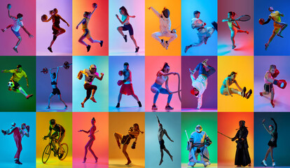 Collage of different young athletic people training, doing diversity kind of sports over multicolored background in neon light. Concept of professional sport, competition, championship, action
