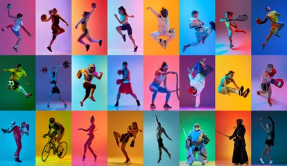 Foto auf Acrylglas Collage of different young athletic people training, doing diversity kind of sports over multicolored background in neon light. Concept of professional sport, competition, championship, action © master1305
