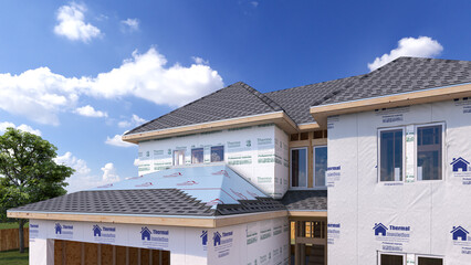 House roofing with asphalt shingles. 3d illustration