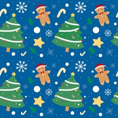 Marry Christmas tree snowman star and snowflake pattern seamless
