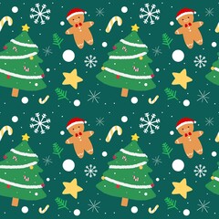 Marry Christmas tree snowman star and snowflake pattern seamless