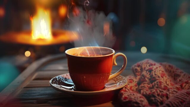 Cup of hot coffee by the Christmas fireplace. Concept of Christmas holidays 3