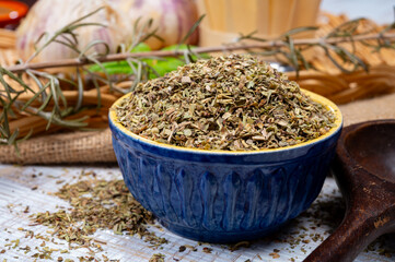 Herbes de Provence, mixture of dried herbs typical of the Provence region, blends often contain savory, marjoram, rosemary, thyme, oregano, lavender leaves, used with grilled food and stew