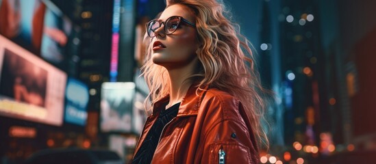 Obraz premium Young woman in streetwear with stylish spectacles exploring New York nightlife and downtown.