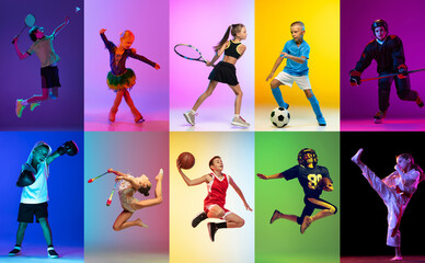 Collage. Children, boys and girls training, practicing different kind of sports over multicolored...