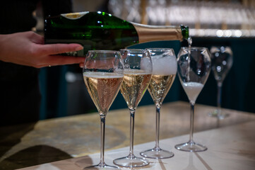 Tasting of sparkling wine champagne on winter weekend festival in December on Avenue de Champagne, Epernay, Champagne region, France