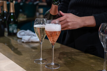 Tasting of sparkling wine champagne on winter weekend festival in December on Avenue de Champagne, Epernay, Champagne region, France