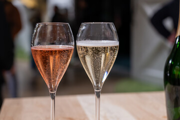 Tasting of sparkling wine champagne on winter weekend festival in December on Avenue de Champagne, Epernay, Champagne region, France
