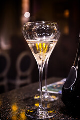 Visitors drink of sparkling wine champagne on outdoor winter festival in December on Avenue de Champagne, Epernay, Champagne region, France
