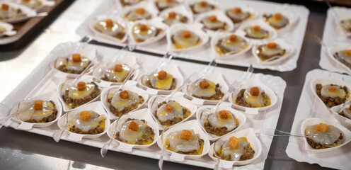 Degustation appetisers for visitors made by great chefs of high cuisine French restaurants, winter festival, Avenue de Champagne, Epernay, France