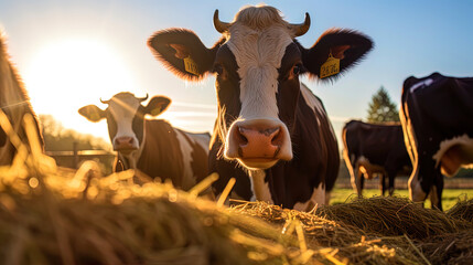 In the shed of the dairy farm, cows are happy to eat hay surrounded by the warm light of the sun - obrazy, fototapety, plakaty