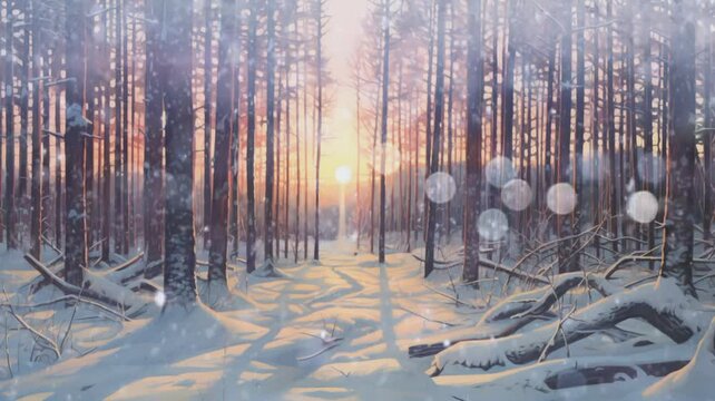 Winter landscape with snowfall in the forest and sunrise Seamless looping time-lapse animation background. Generative AI