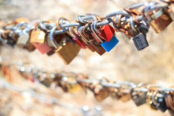 Makarska Croatia. Line of Love padlocks hanging on a chain. Love locks. Wedding locks. Symbol of...