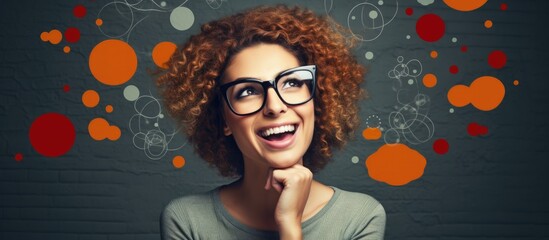 Smiling woman with surrounded comments in speech bubbles held by hands - obrazy, fototapety, plakaty