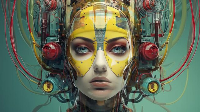 Beautiful science fiction female robot with wires and cables