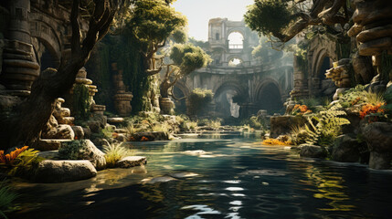 Sunlit ancient stone ruins overgrown with lush vegetation beside a tranquil river in a serene, mysterious landscape.